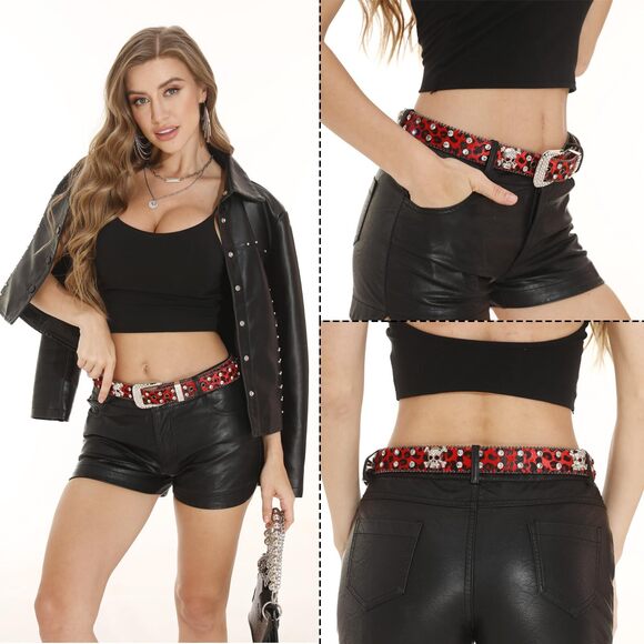 7777 Rhinestone Leopard Skull Belt Men Women Studded Punk
